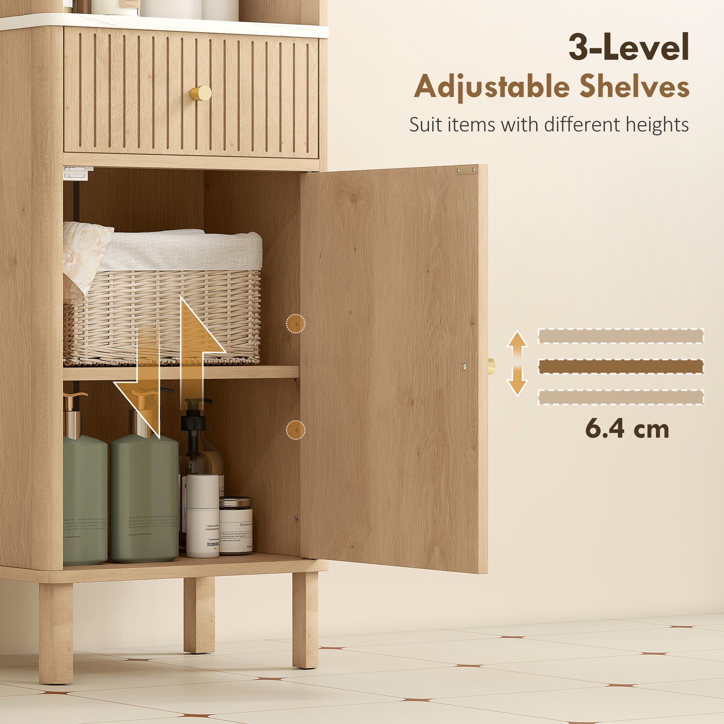 168 cm Tall Bathroom Cabinet with Drawer and Adjustable Shelves, Oak