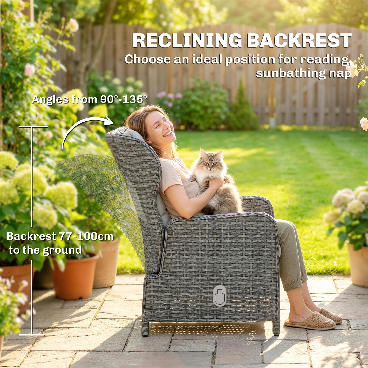 5 Piece Garden Furniture Set, Rattan Reclining Garden Chair Set of 2 with Footstool and Cushion  Cream