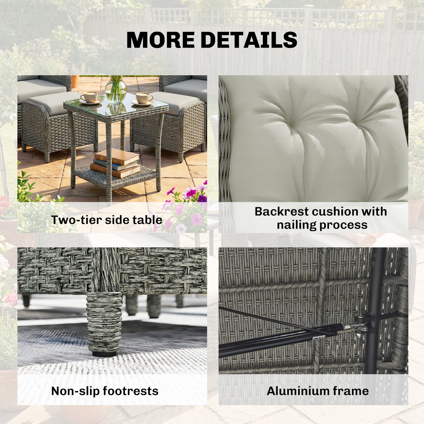 5 Piece Garden Furniture Set, Rattan Reclining Garden Chair Set of 2 with Footstool and Cushion  Cream