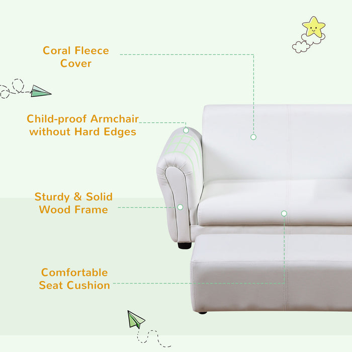 2 Seater Toddler Chair Kids Twin Sofa Childrens Double Seat Chair Furniture Armchair Boys Girls Couch w/ Footstool (White)