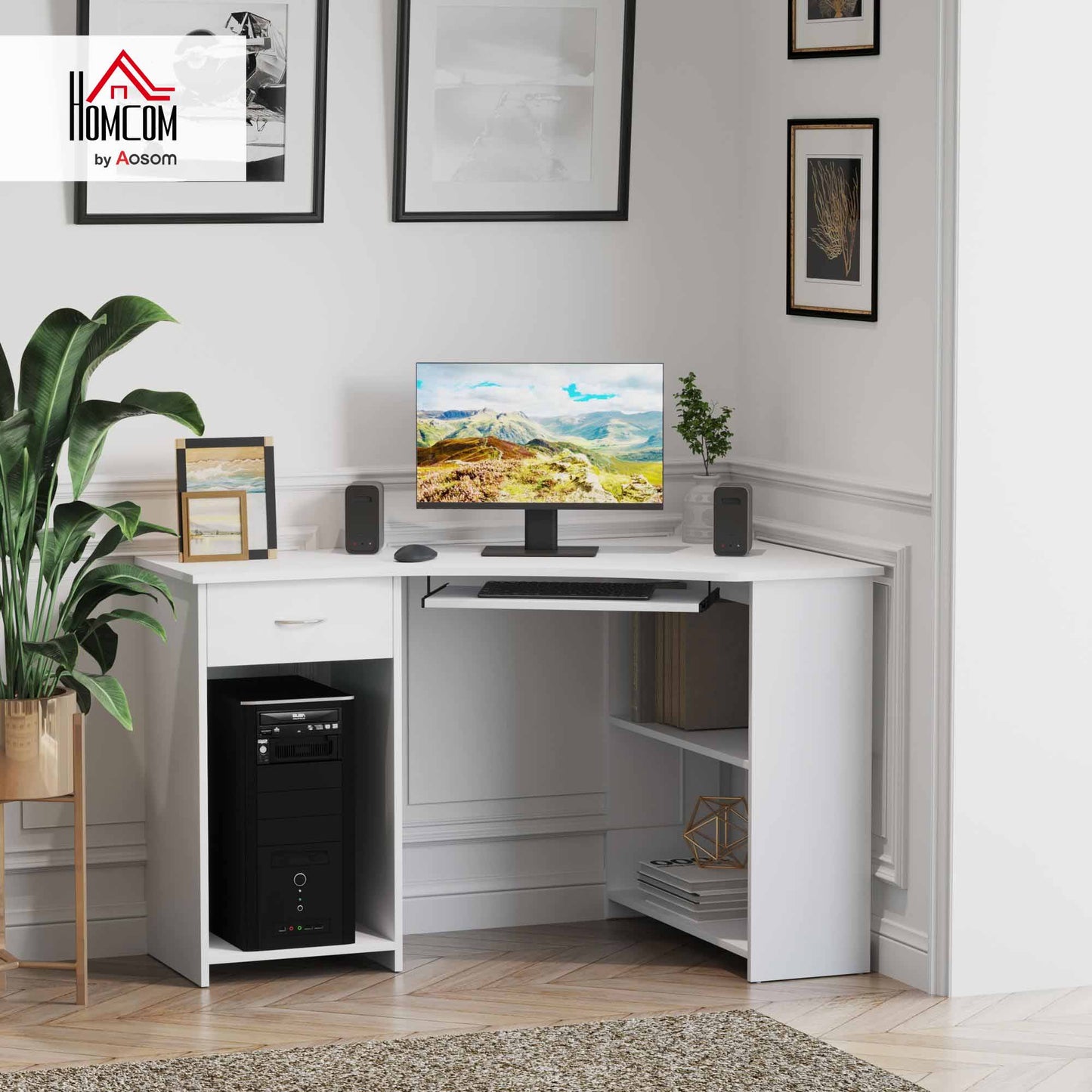 L-Shaped Corner Computer Desk w/ 2 Shelves Worktop Keyboard Tray White