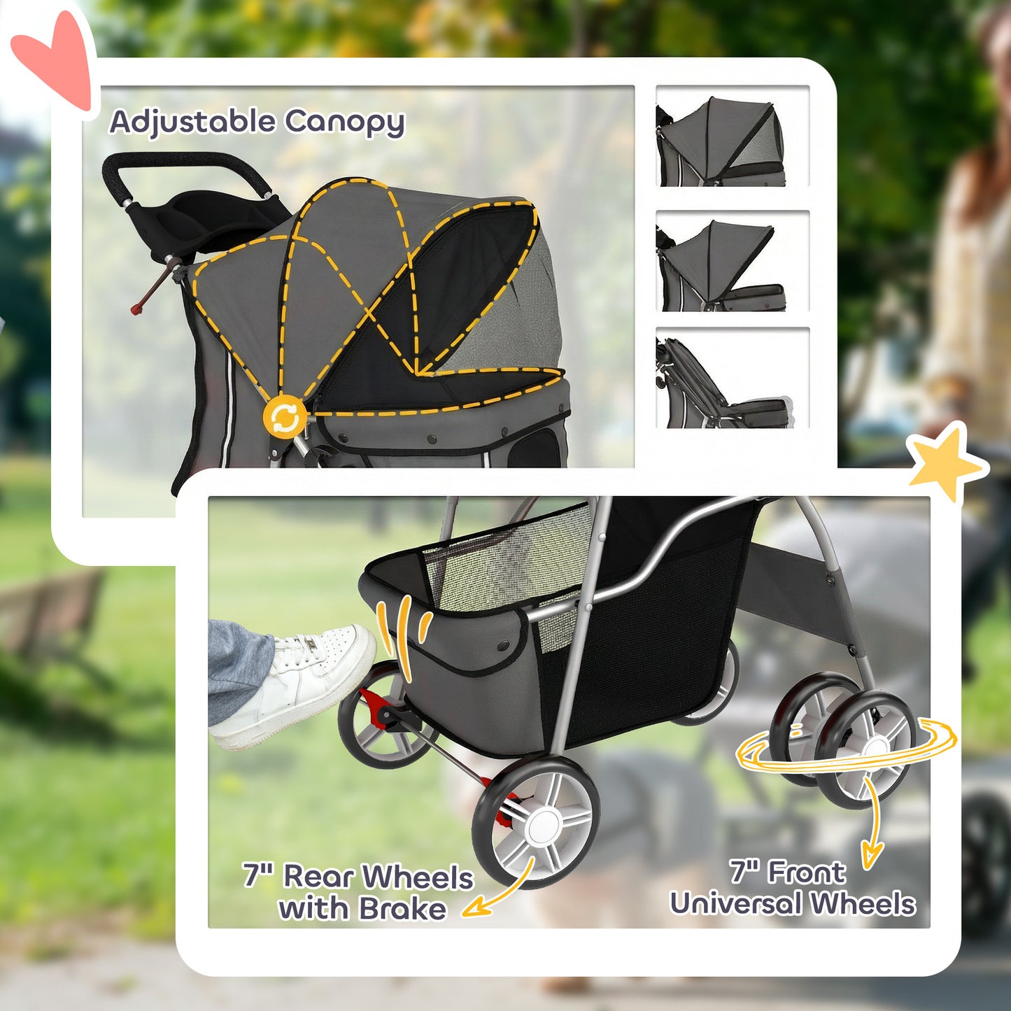 Pet Stroller Carrier Foldable Deluxe Walk Travel Dog, Dark Grey