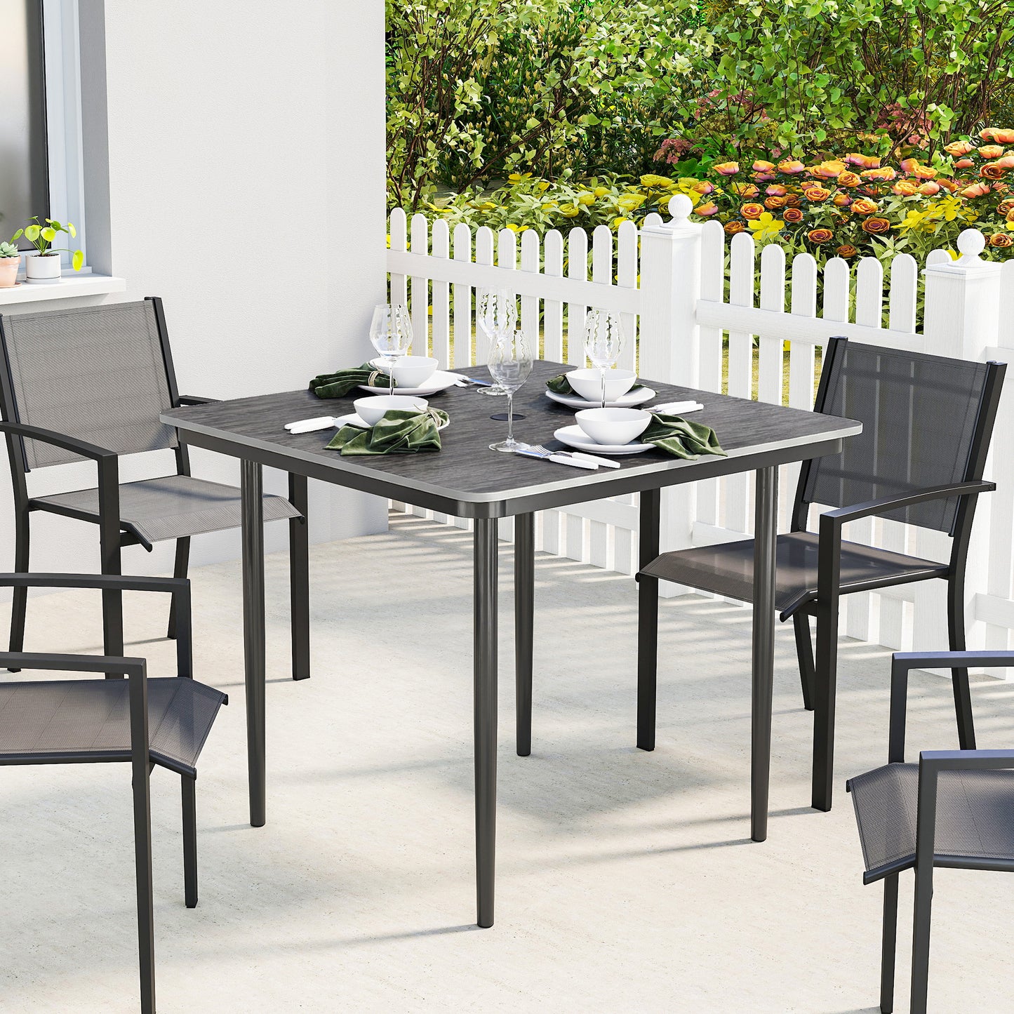 Garden Dining Table, Outdoor Table with Umbrella Hole, Dark Grey