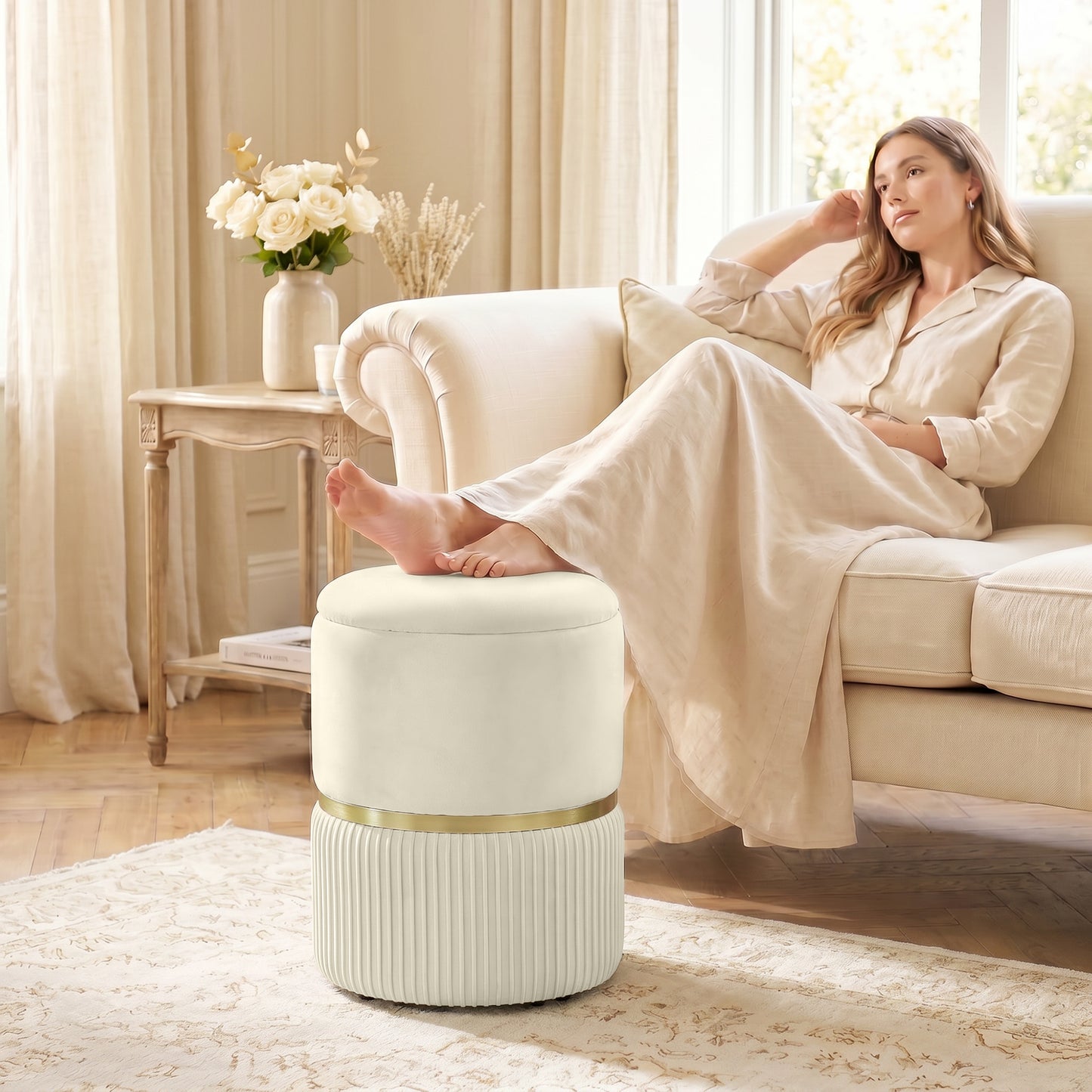Round Storage Stool, Velvet-feel Fabric Upholstered Vanity Stool with Removable Top, Padded Seat and Hidden Space for Living Room, Bedroom, Beige