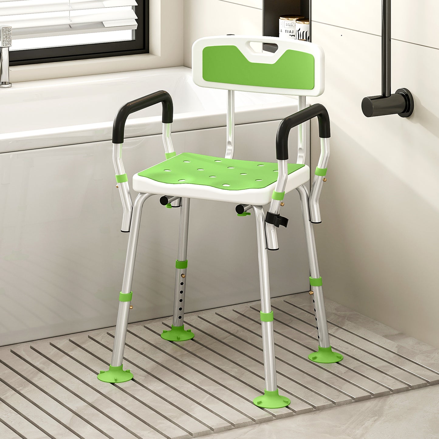 Padded Shower Stool with Arms and Back, 4 Suction Foot Pads, Green
