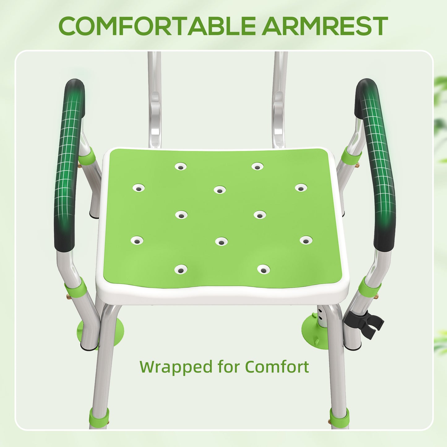 Padded Shower Stool with Arms and Back, 4 Suction Foot Pads, Green