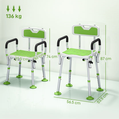Padded Shower Stool with Arms and Back, 4 Suction Foot Pads, Green