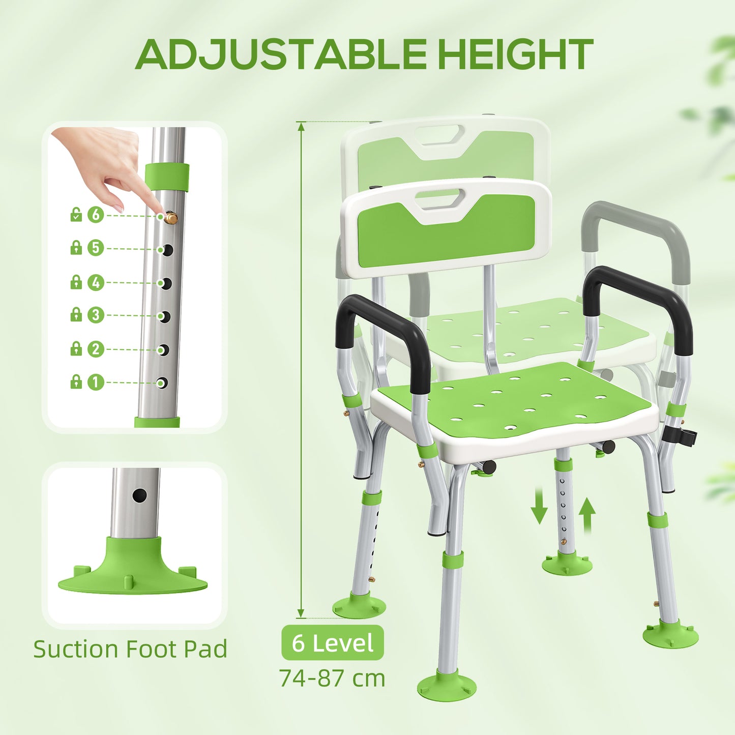 Padded Shower Stool with Arms and Back, 4 Suction Foot Pads, Green
