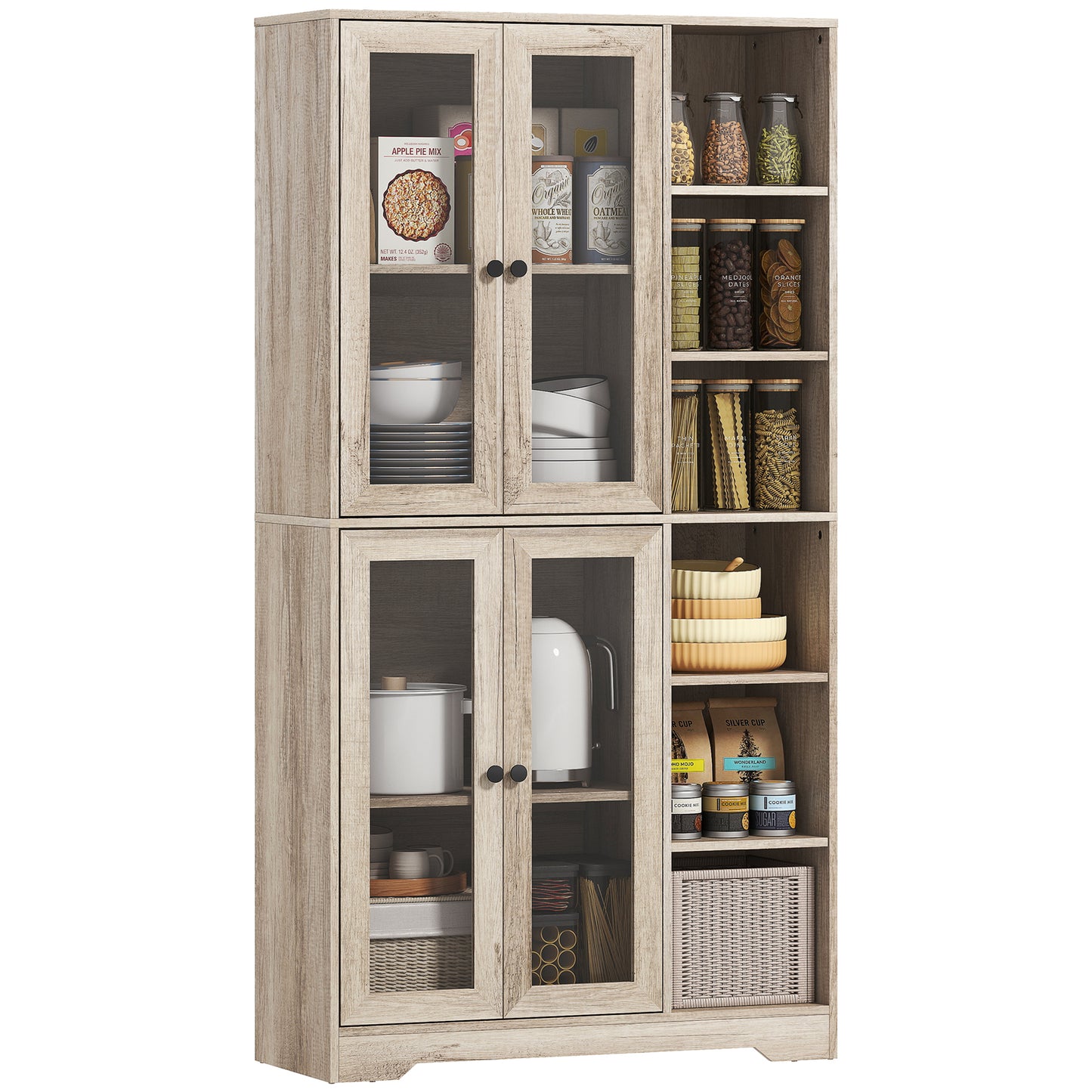 Multi-Storage Kitchen Cabinet, with Glass Doors - Grey Wood-Effect