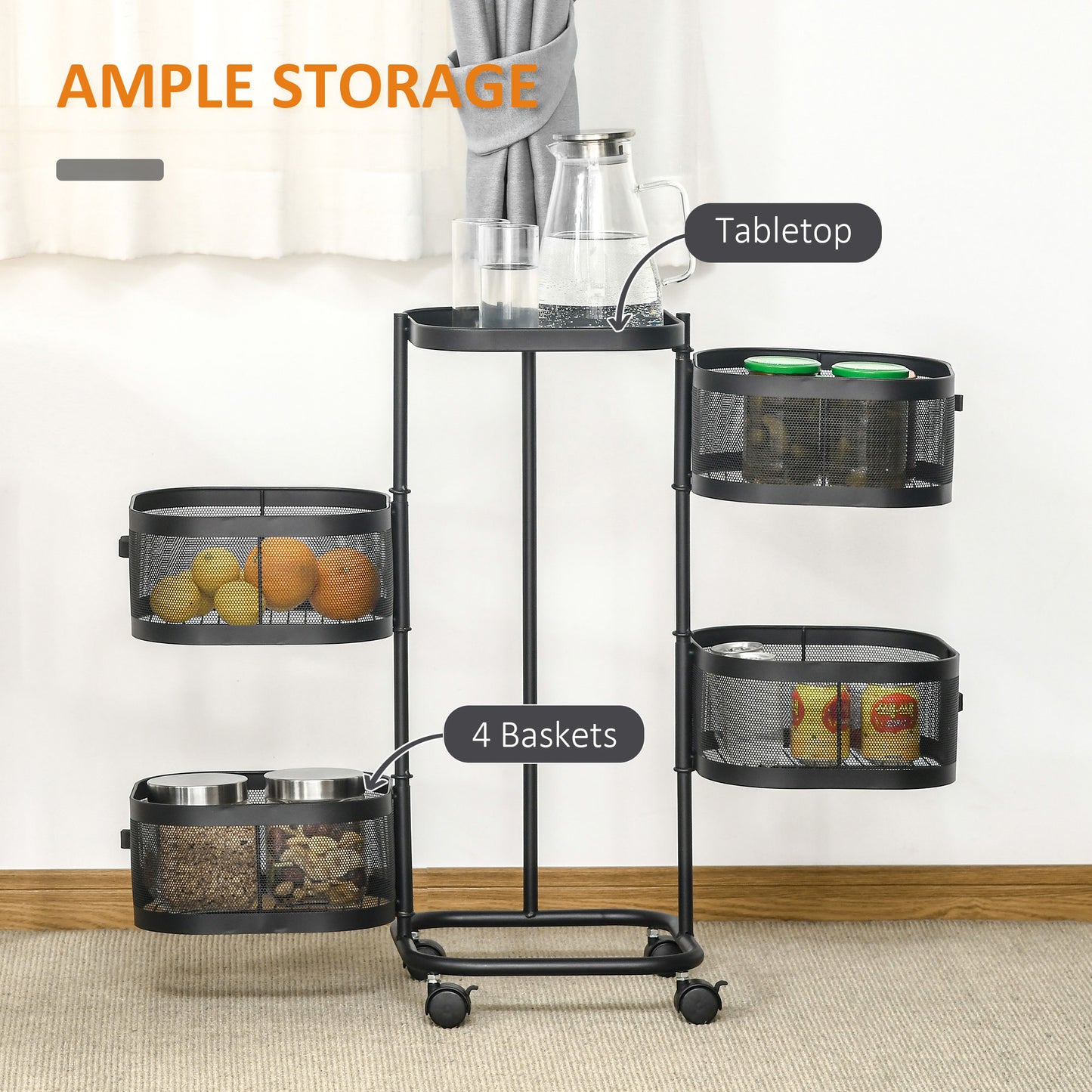 Metal Storage Cart with Top Tray and 4 Mesh Baskets, Black