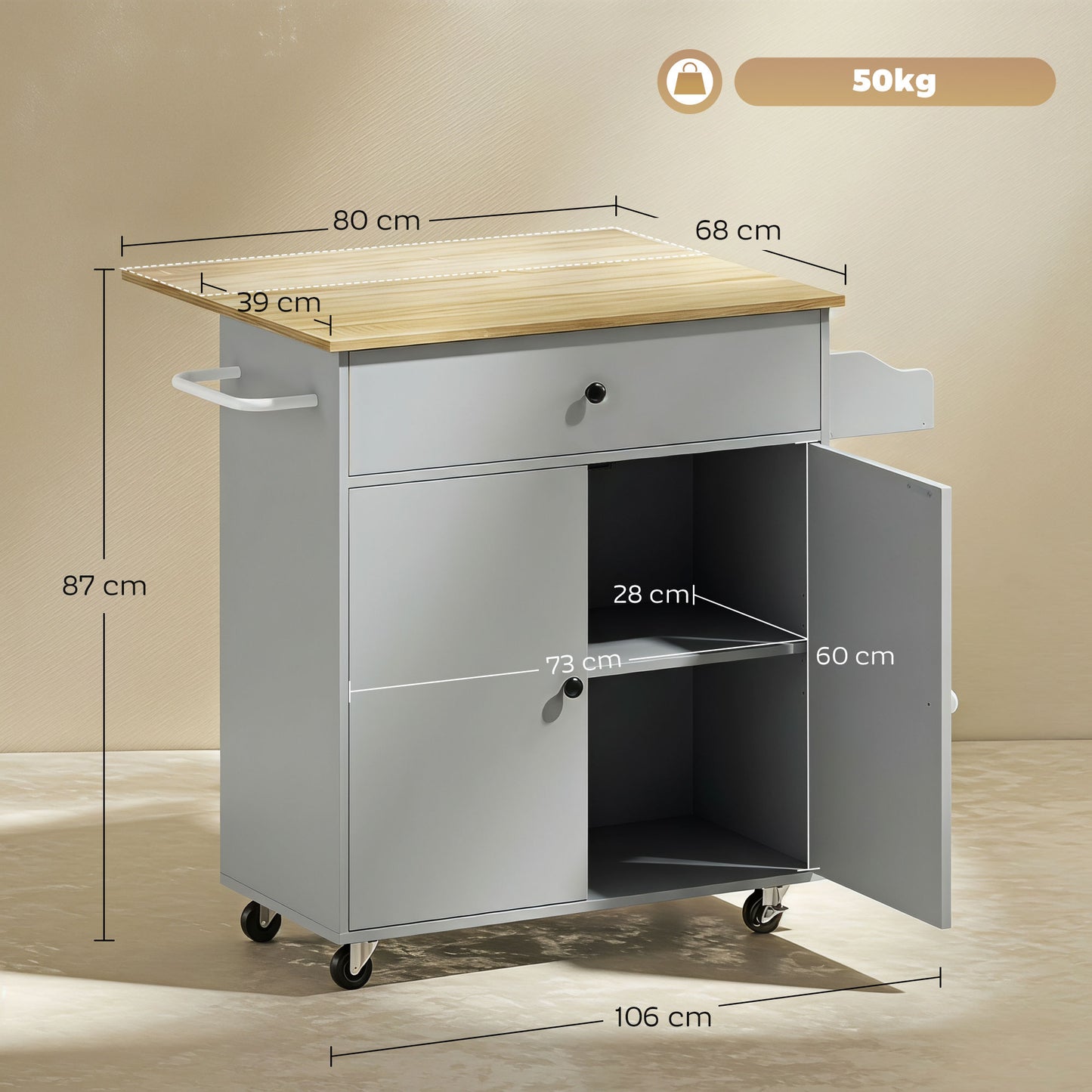 Kitchen Island with Drop Leaf, Rolling Kitchen Storage Trolley, Grey