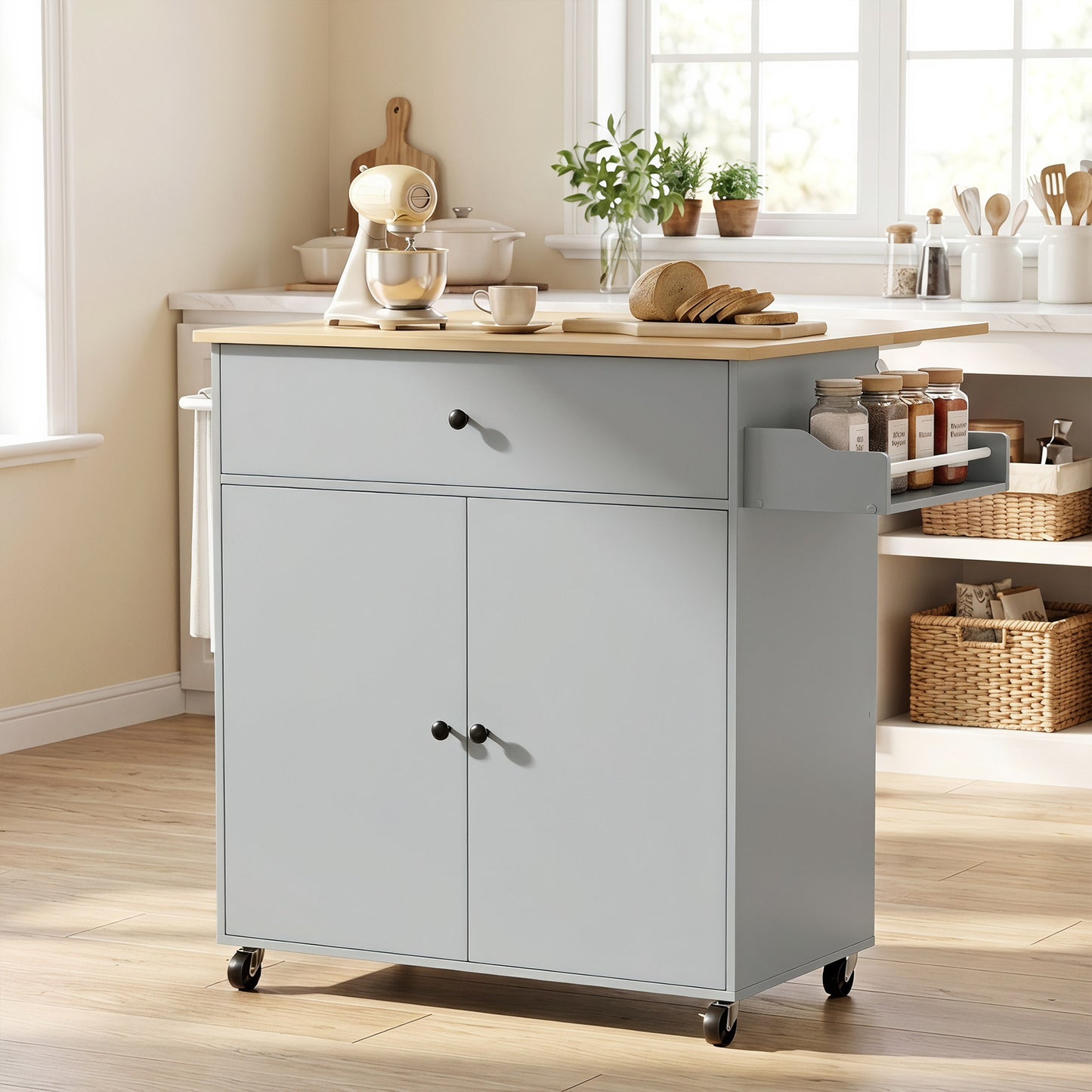 Kitchen Island with Drop Leaf, Rolling Kitchen Storage Trolley, Grey