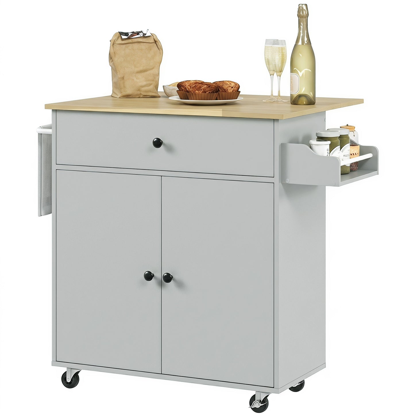Kitchen Island with Drop Leaf, Rolling Kitchen Storage Trolley, Grey