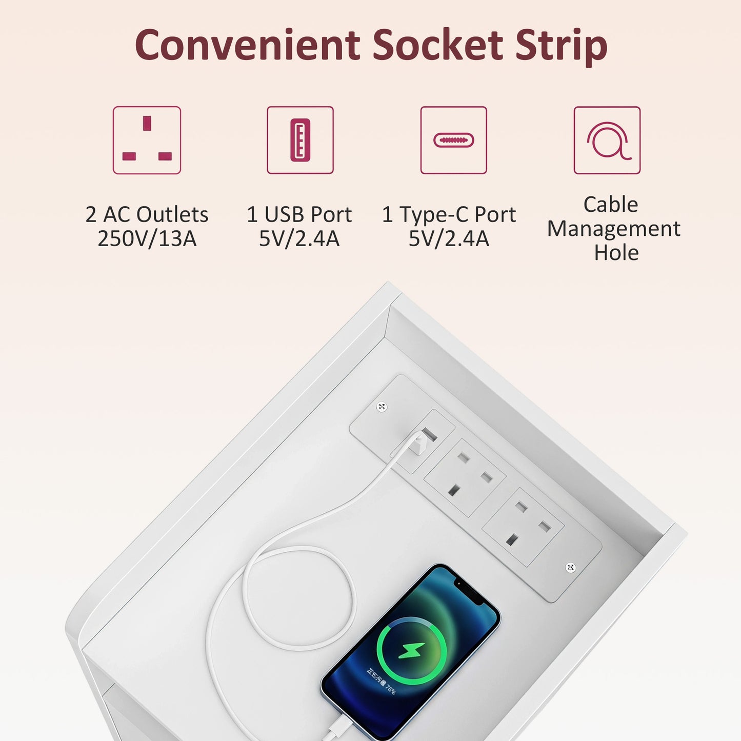 Slim Bedside Table Set of 2 with Charging Station, White