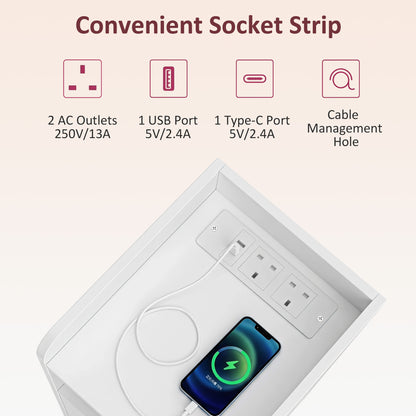 Slim Bedside Table Set of 2 with Charging Station, White