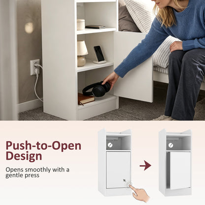 Slim Bedside Table Set of 2 with Charging Station, White