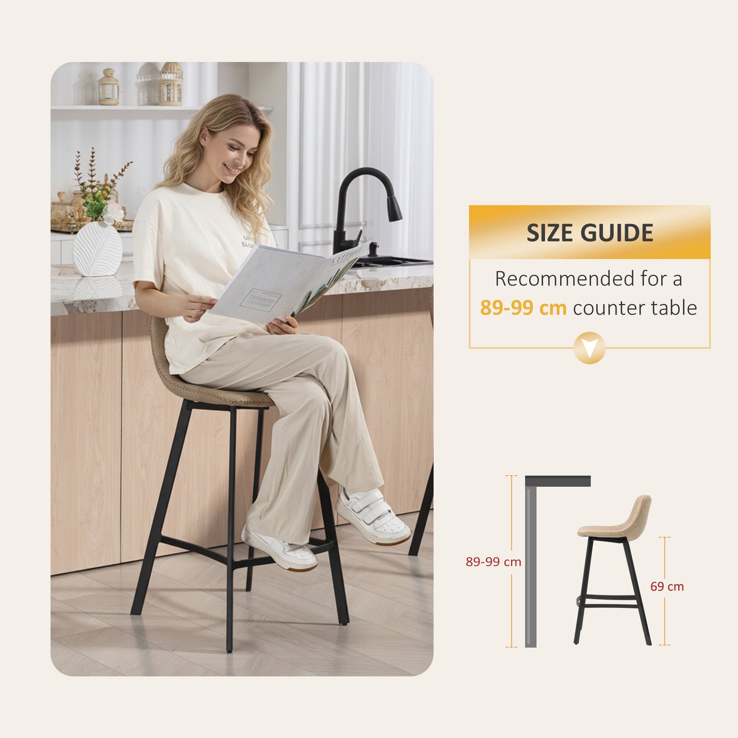 Bar Stools Set of 2, Bar Chairs with Back and Steel Legs, Light Brown