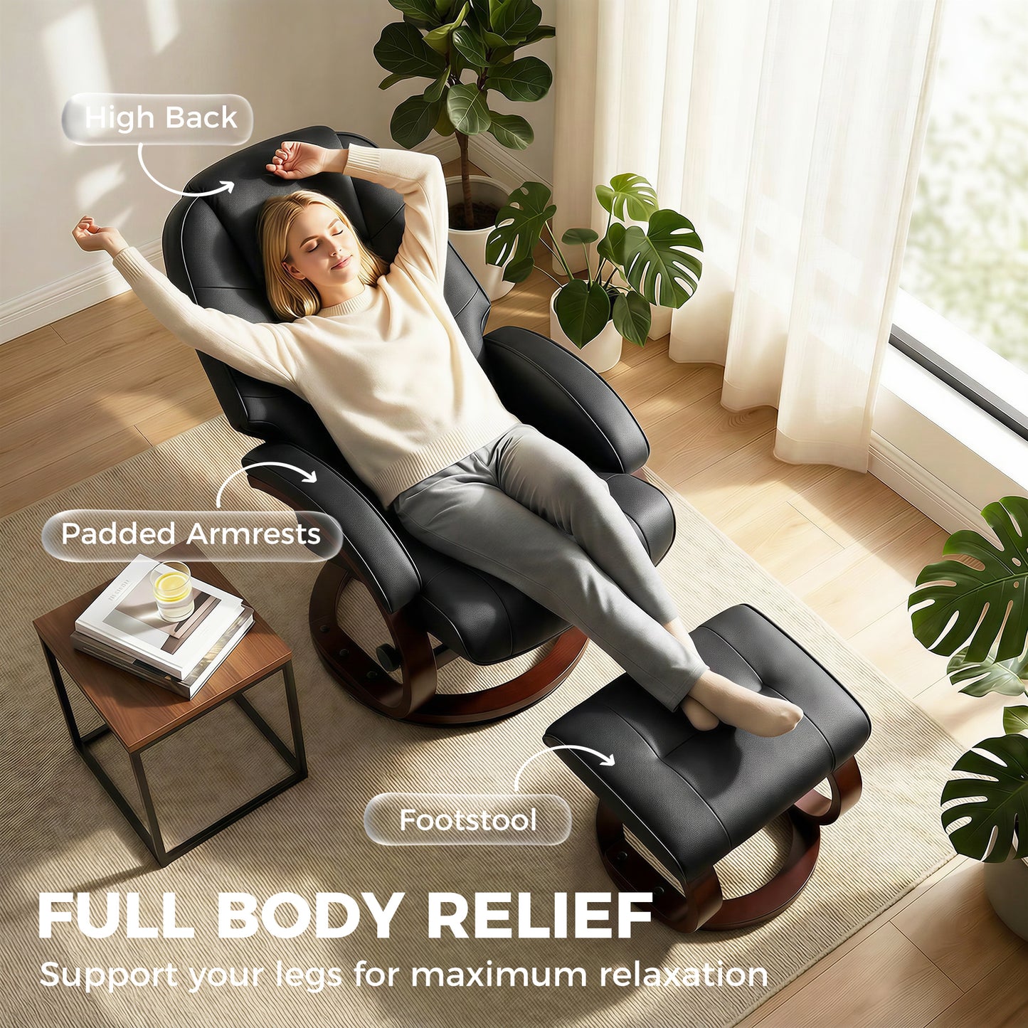 Recliner Chair with Footstool, Swivel Recliner Armchair, Black