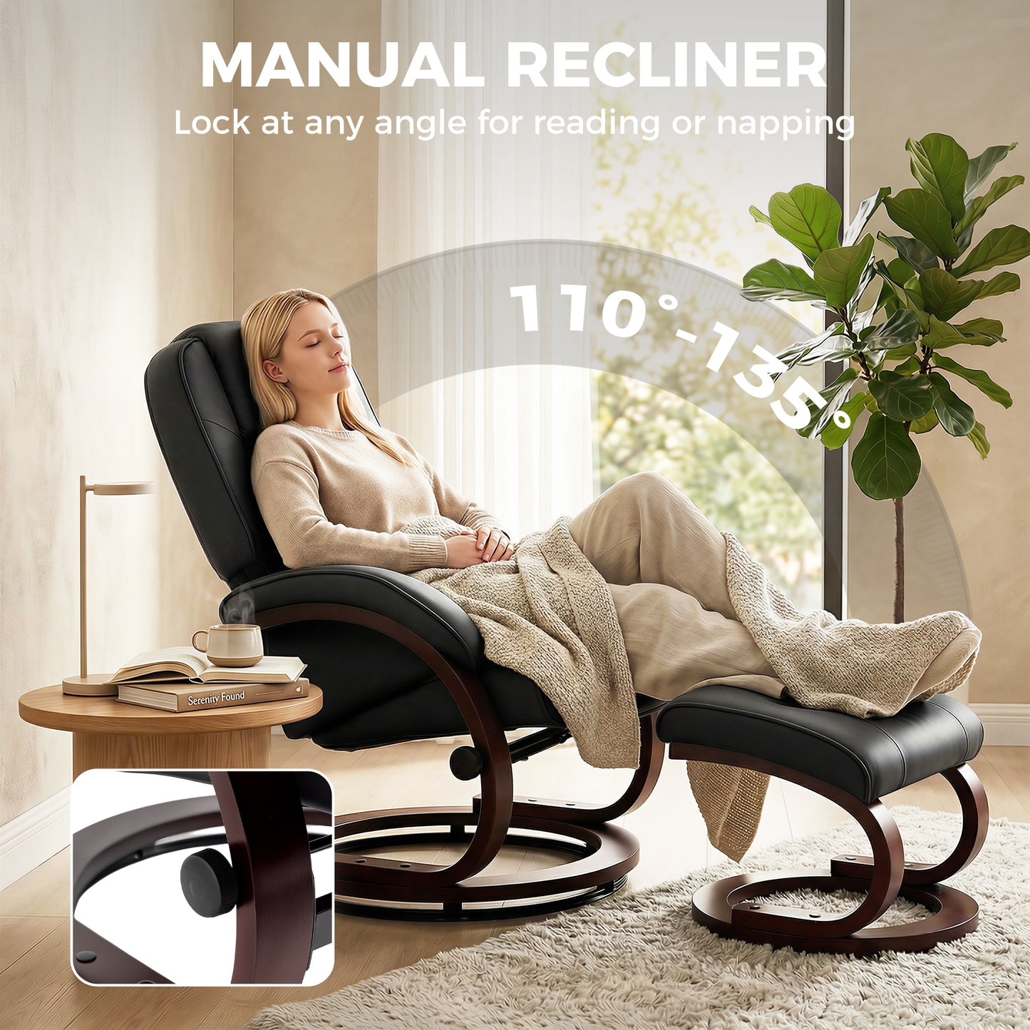 Recliner Chair with Footstool, Swivel Recliner Armchair, Black