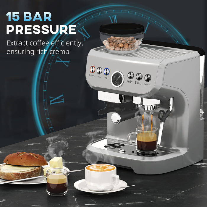 Espresso Machine, Bean Grinder & Steam Wand, 15 Bar Pressure, Silver.