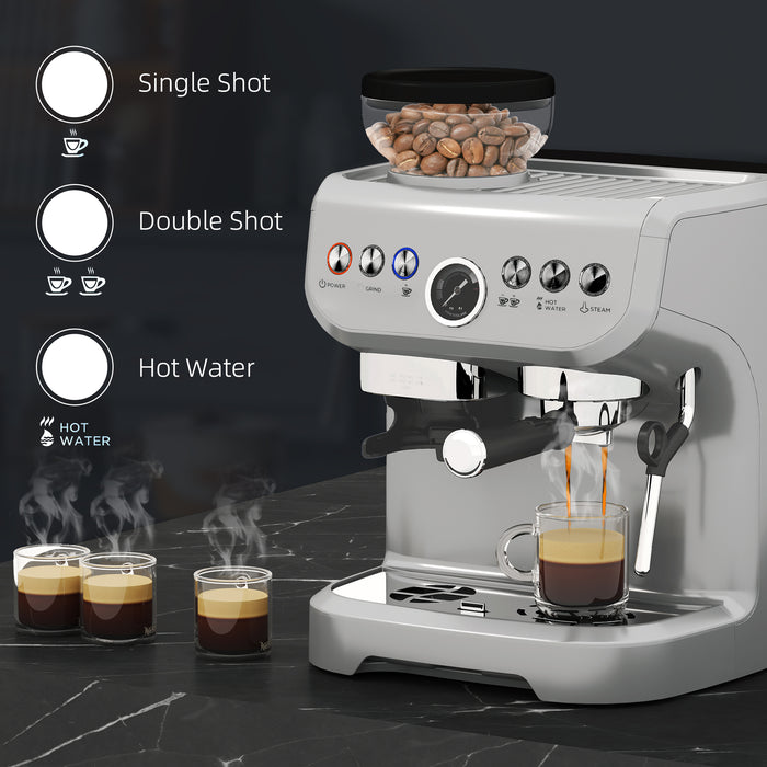 Espresso Machine, Bean Grinder & Steam Wand, 15 Bar Pressure, Silver.