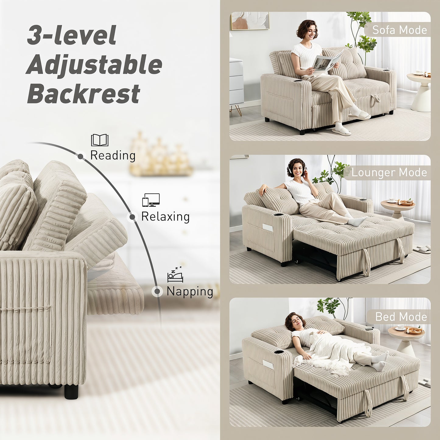 3-in-1 2 Seater Sofa Bed, Convertible Sleeper Sofa with Adjustable Backrest, Corduroy Pull Out Loveseat Bed with 2 Pillows, Side Pockets and Cup Holders for Living Room, Bedroom, Cream White