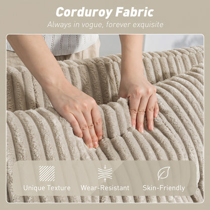 2 Seater Sofa Bed, Corduroy Click Clack Sleeper Sofa with Pull Out Design, 2 Pillows, Cup Holders, Side Pockets, Convertible Loveseat Bed Settee for Living Room, 157x190cm, Cream White