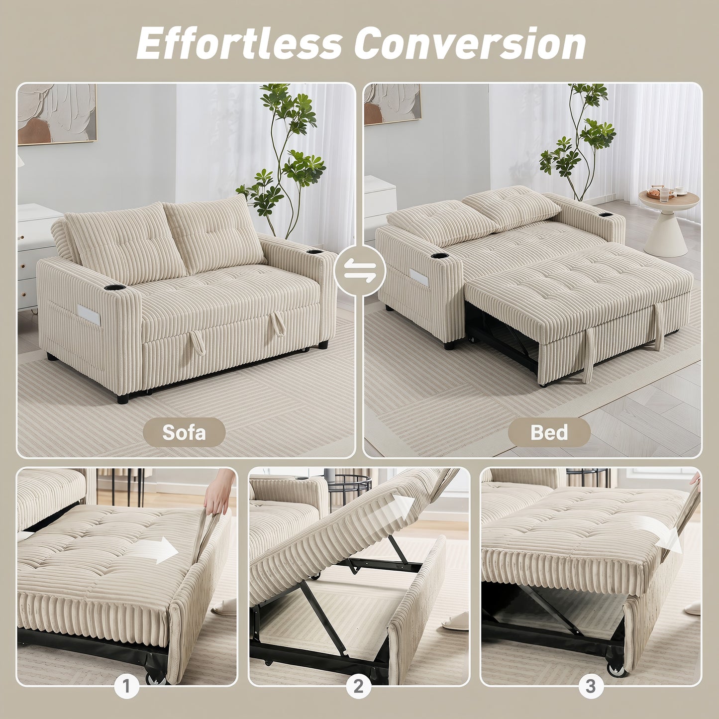 3-in-1 2 Seater Sofa Bed, Convertible Sleeper Sofa with Adjustable Backrest, Corduroy Pull Out Loveseat Bed with 2 Pillows, Side Pockets and Cup Holders for Living Room, Bedroom, Cream White