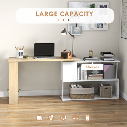 Corner Desk with Rotating Design and Bookshelf, Natural and White