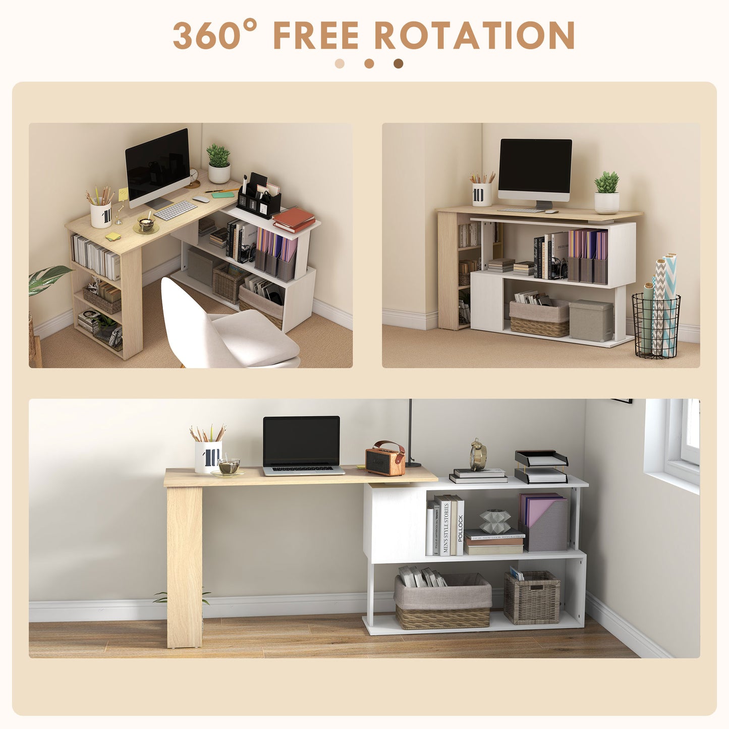 Corner Desk with Rotating Design and Bookshelf, Natural and White