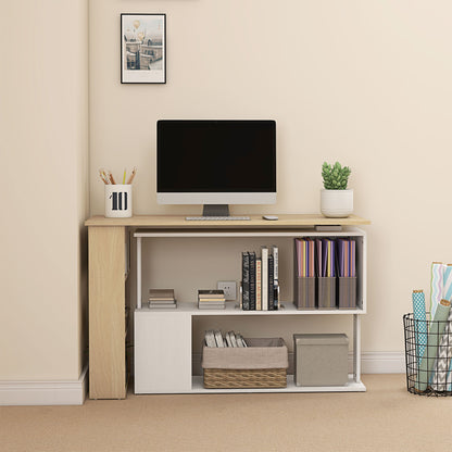 Corner Desk with Rotating Design and Bookshelf, Natural and White