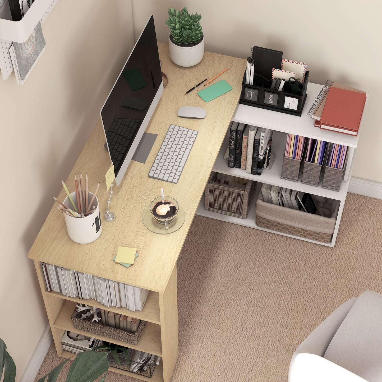 Corner Desk with Rotating Design and Bookshelf, Natural and White