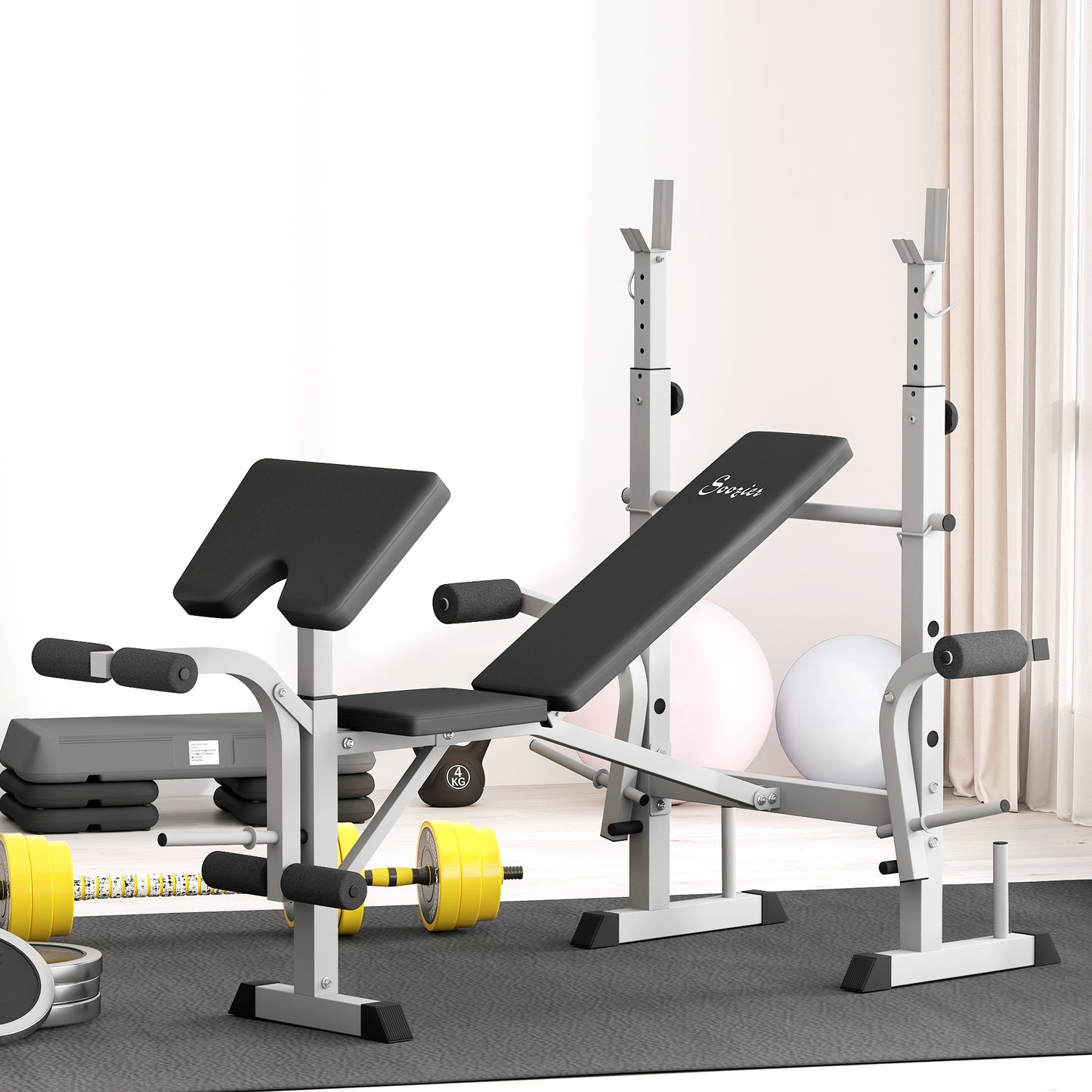 Adjustable Weight Bench with Squat Rack, Leg Developer, Grey