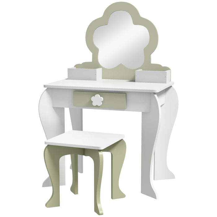 ZONEKIZ Kids Vanity Table with Mirror and Stool, Drawer, Storage Boxes, Beauty Flower Design, for 3-6 Years Old, White