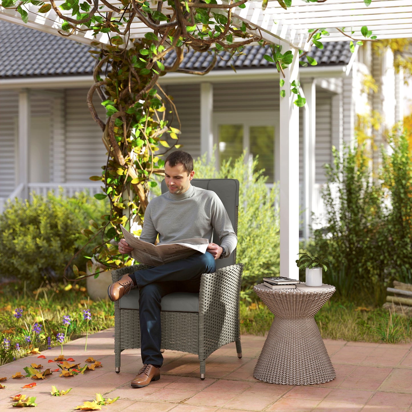 Rattan Garden Recliner Chair with Adjustable Backrest, Grey