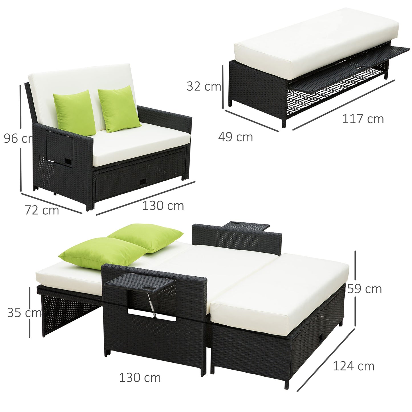 Outsunny 2 Seater Assembled Garden Patio Outdoor Rattan Furniture Sofa Sun Lounger Daybed with Fire Retardant Cotton - Black