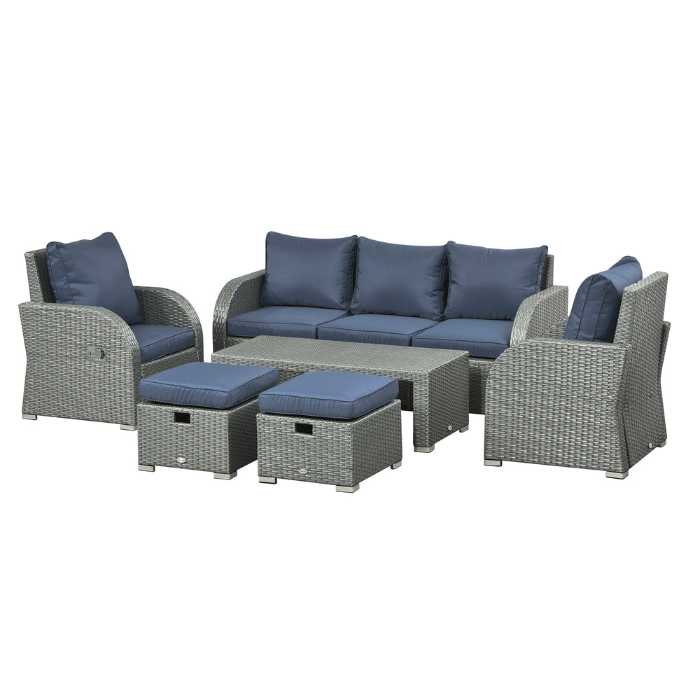 6pc Outdoor Rattan Wicker Furniture Set with 3-Seat Sofa, 2 Single Sofas, 2 Footstools and Coffee Table