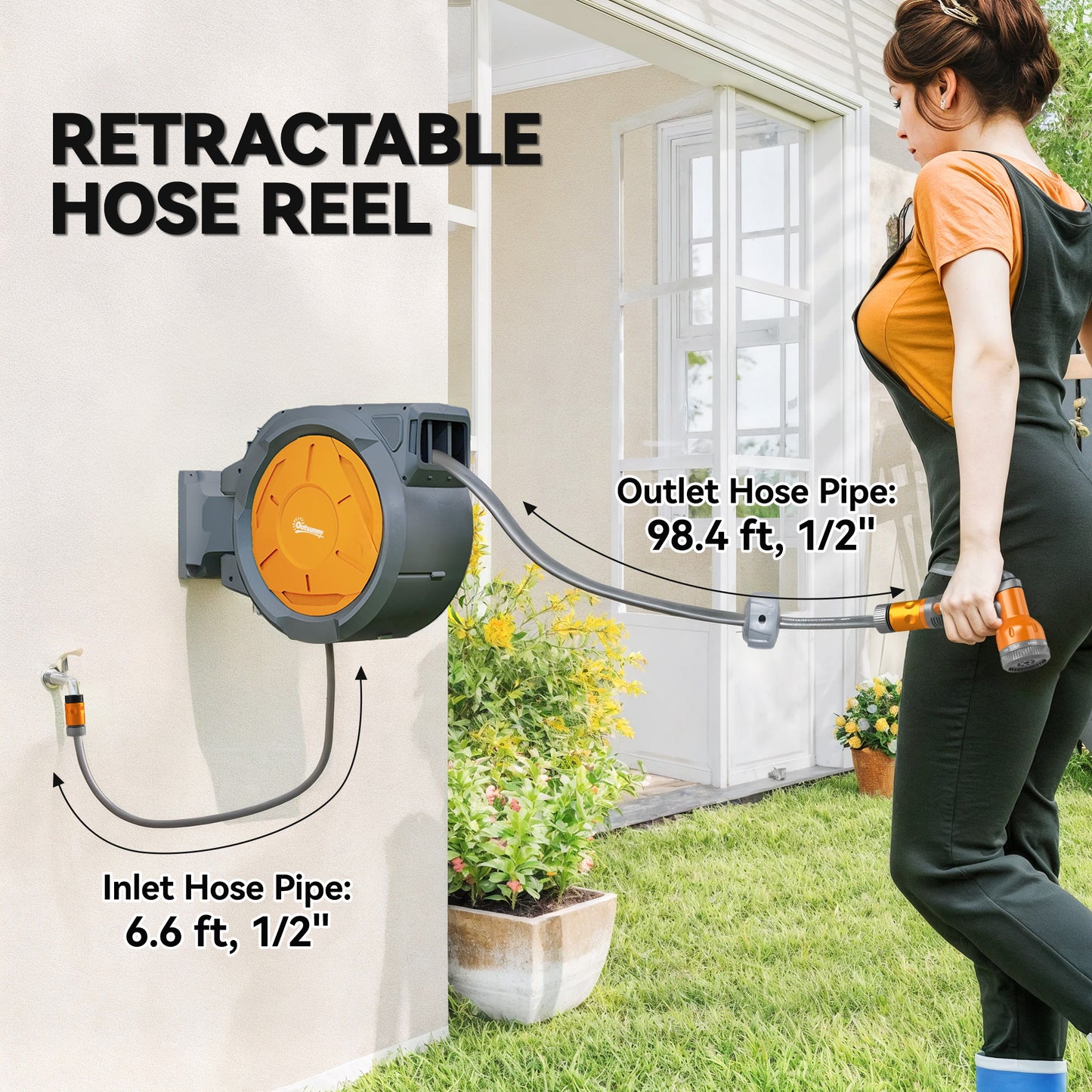 Retractable Hose Reel Wall Mounted with Lock, Orange