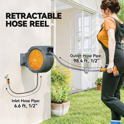 Retractable Hose Reel Wall Mounted with Lock, Orange