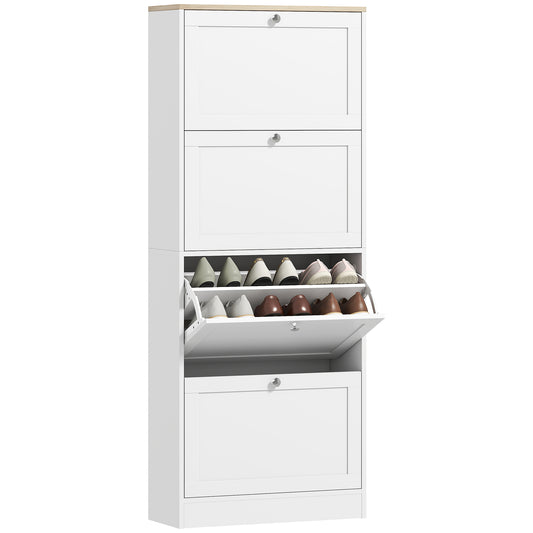 Narrow Shoe Cabinet with 4 Flip Drawers for 24 Pairs of Shoes White