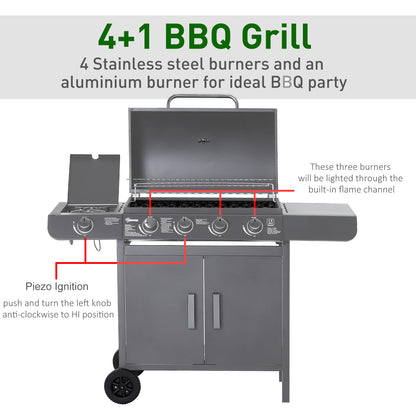 Gas BBQ Grill 4 + 1 Stainless Steel Burner Garden Barbecue Cooker