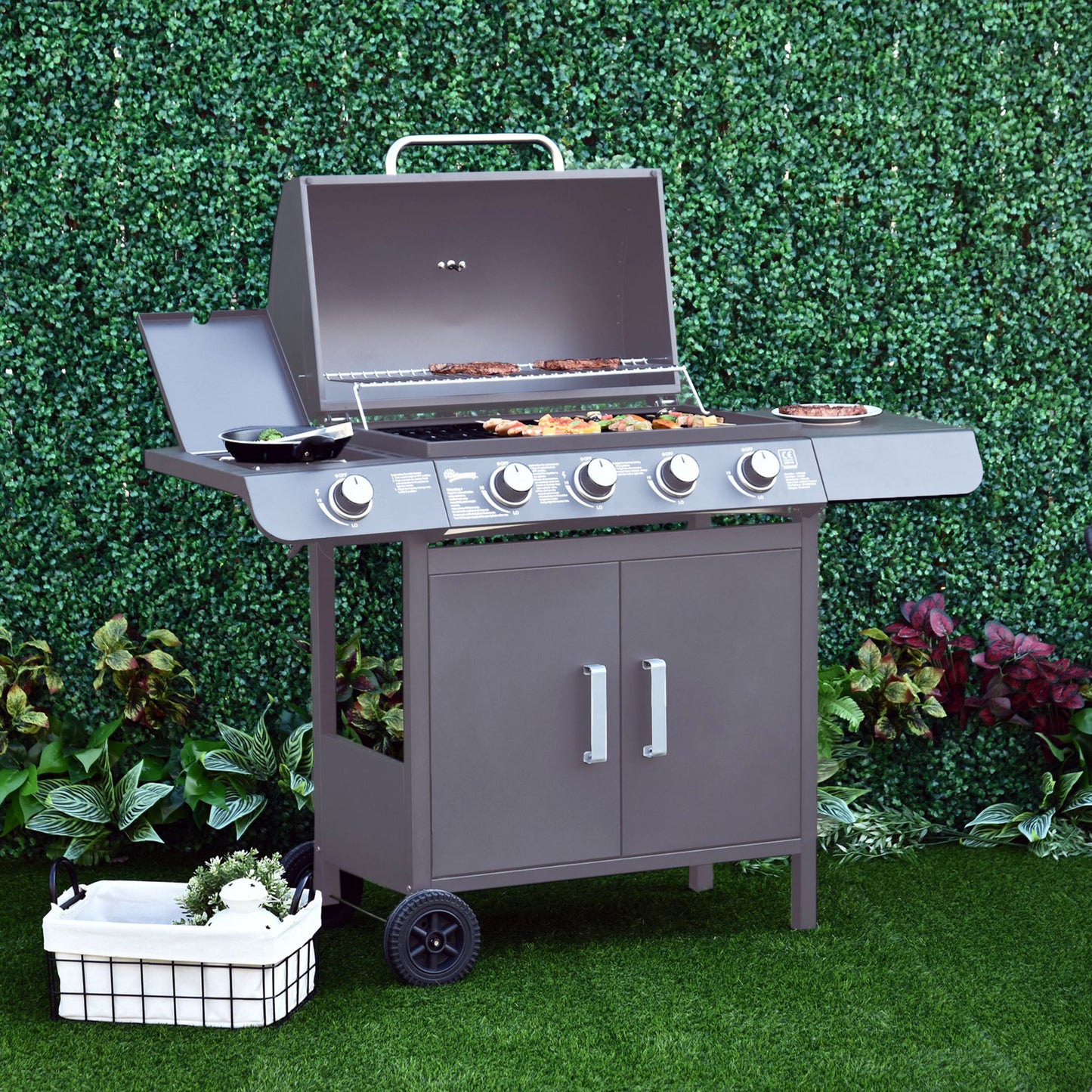 Gas BBQ Grill 4 + 1 Stainless Steel Burner Garden Barbecue Cooker