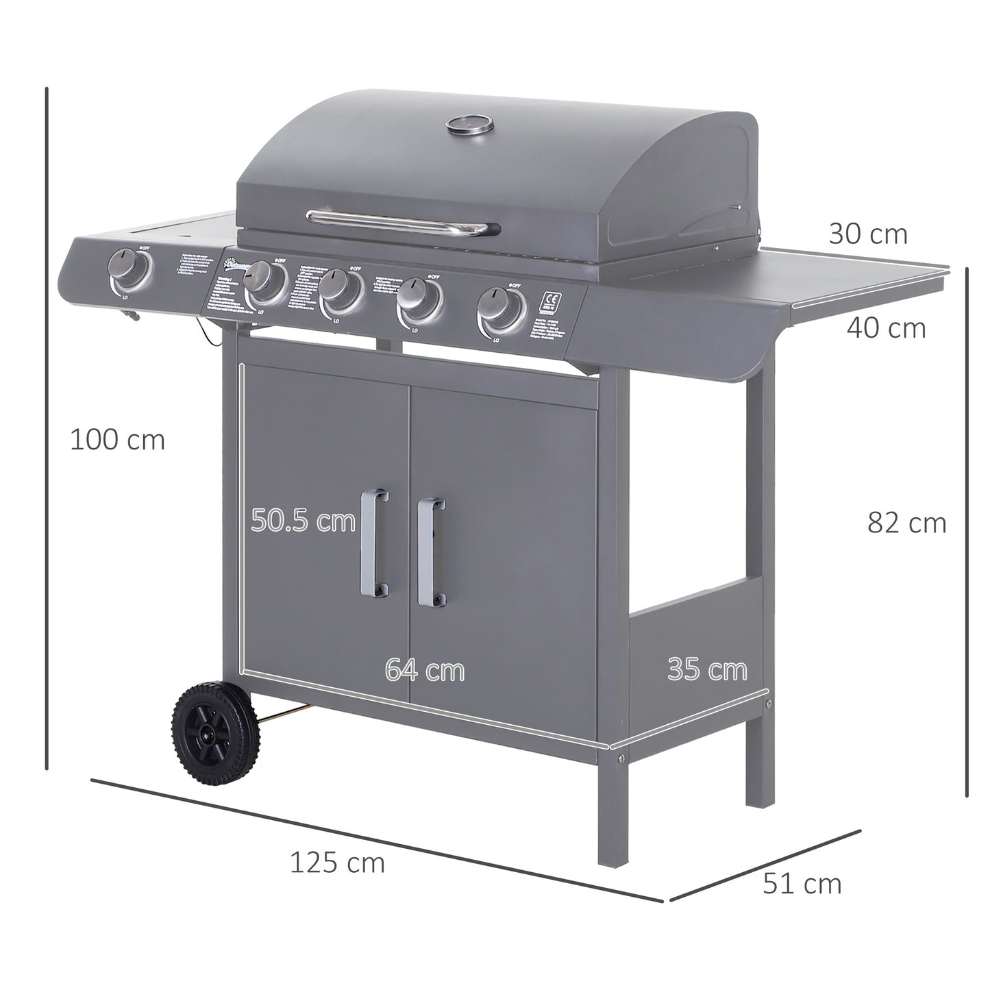 Gas BBQ Grill 4 + 1 Stainless Steel Burner Garden Barbecue Cooker