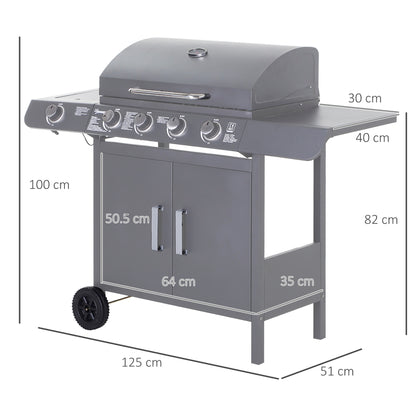Gas BBQ Grill 4 + 1 Stainless Steel Burner Garden Barbecue Cooker