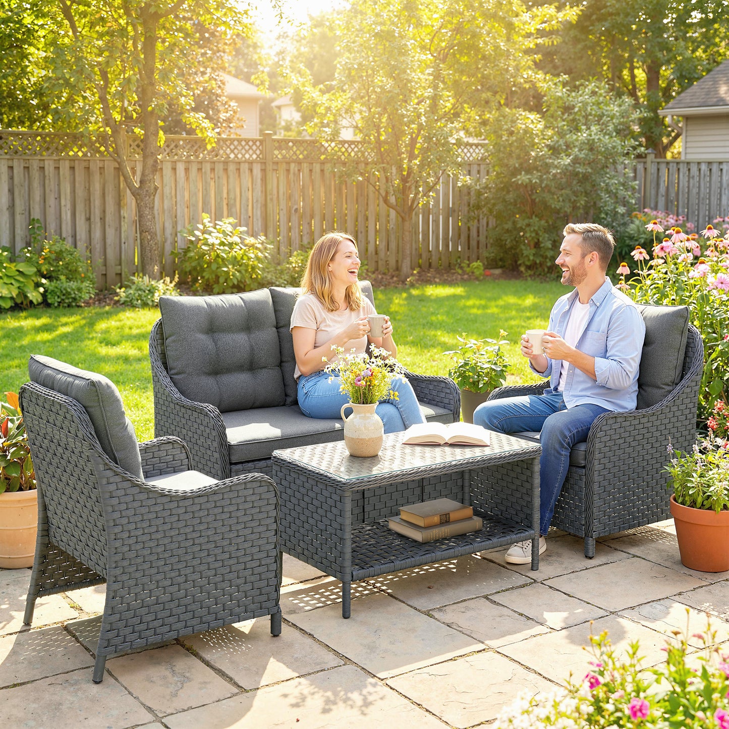 4 Piece Rattan Patio Furniture Set with Removable Cushion Covers