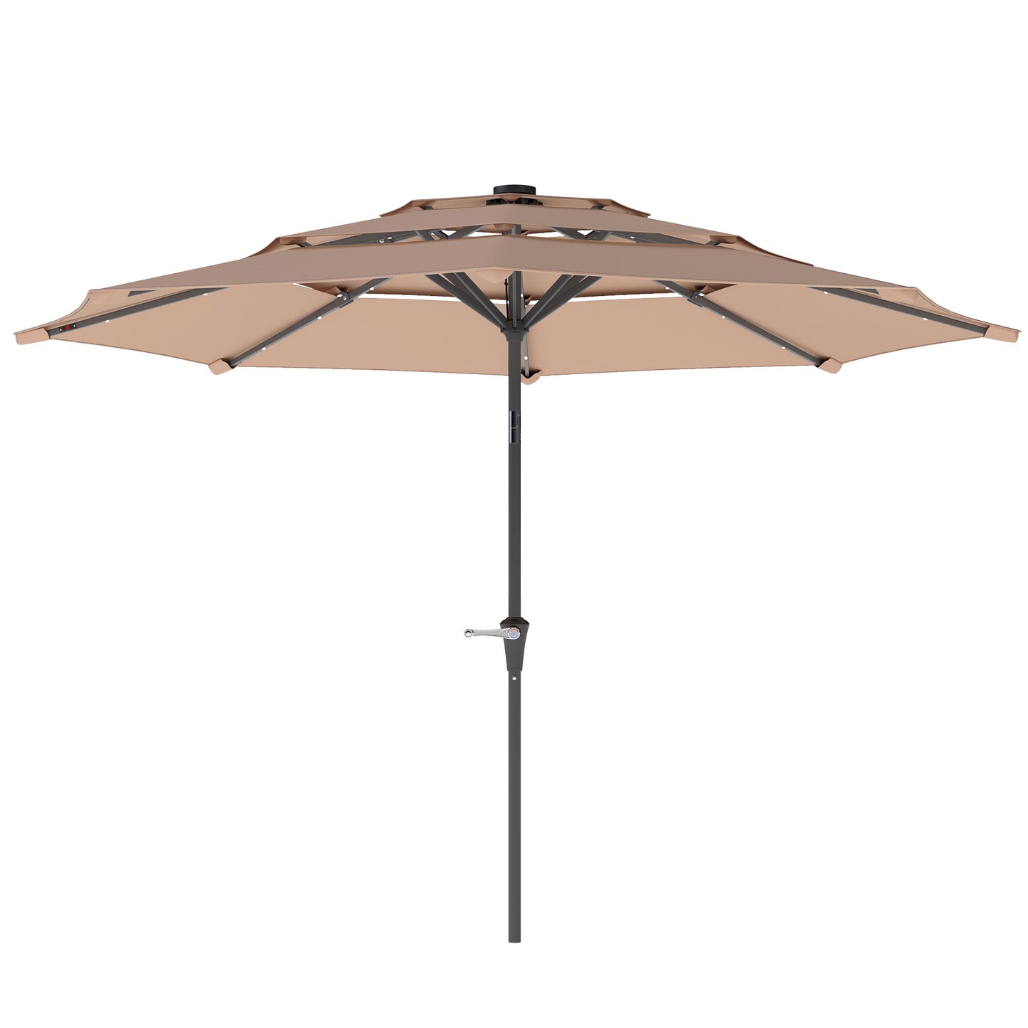 3-Tier Garden Parasol w/ Solar LED Lights, Tilt, Crank Handle Khaki