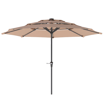 3-Tier Garden Parasol w/ Solar LED Lights, Tilt, Crank Handle Khaki