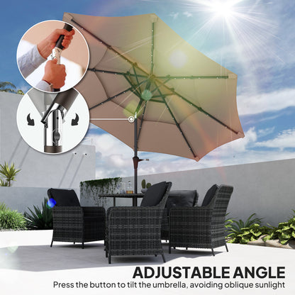 3-Tier Garden Parasol w/ Solar LED Lights, Tilt, Crank Handle Khaki