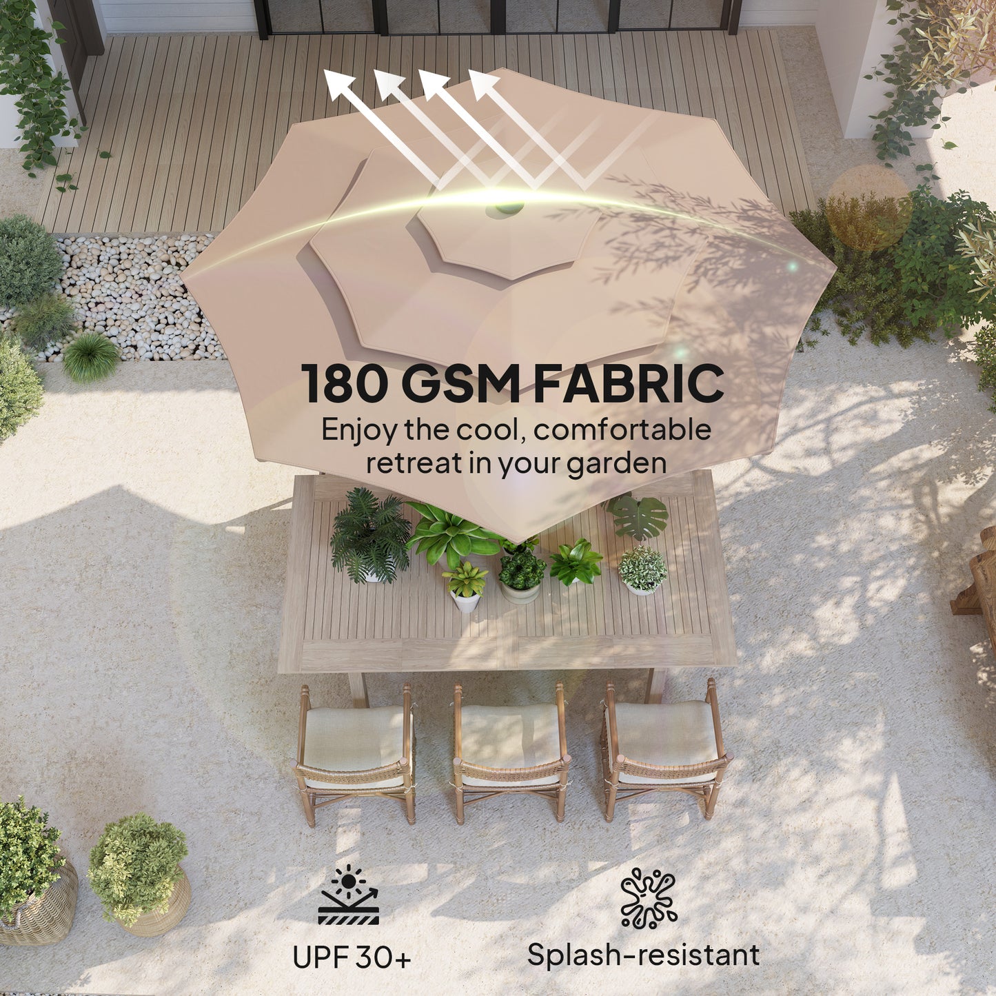 3-Tier Garden Parasol w/ Solar LED Lights, Tilt, Crank Handle Khaki