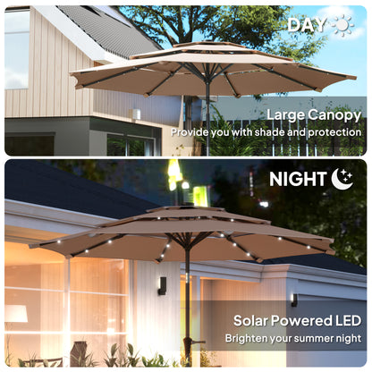 3-Tier Garden Parasol w/ Solar LED Lights, Tilt, Crank Handle Khaki